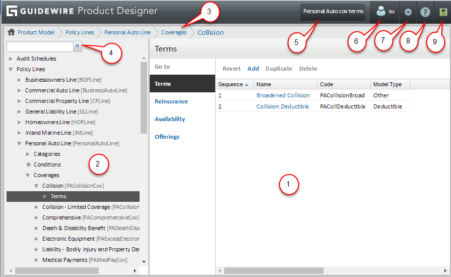 Product Designer page with numbered navigation elements that are described in the following table.
