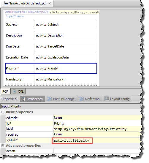 NewActivityDV.pcf open in Guidewire Studio, with the Priority field and its value property highlighted.
