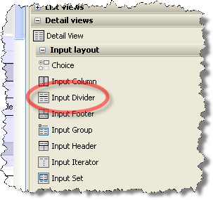 PCF widget toolbox with Input Divider highlighted.
