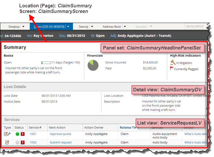 Summary screen with panel set, detail view, and list view highlighted.