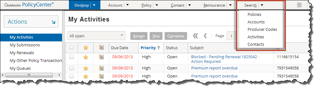 Tab bar with Search drop-down menu highlighted.