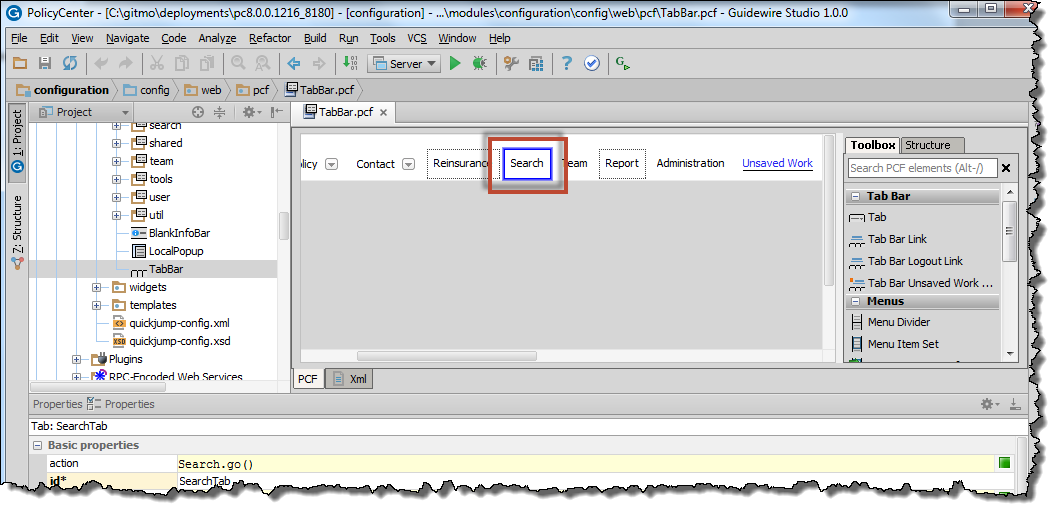 TabBar.pcf open in Guidewire Studio with the Search menu widget highlighted.