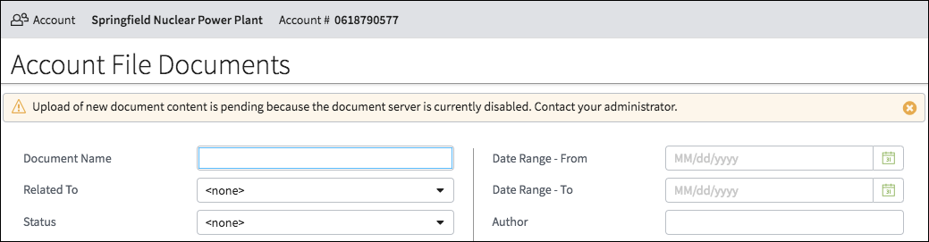 Account File Documents screen with alert bar.