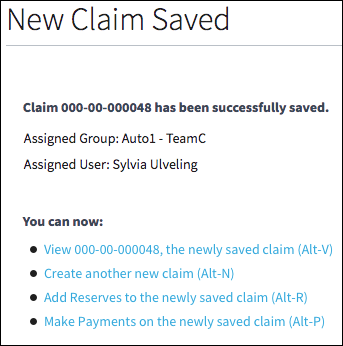 New Claim Saved screen with bullet point text inputs.
