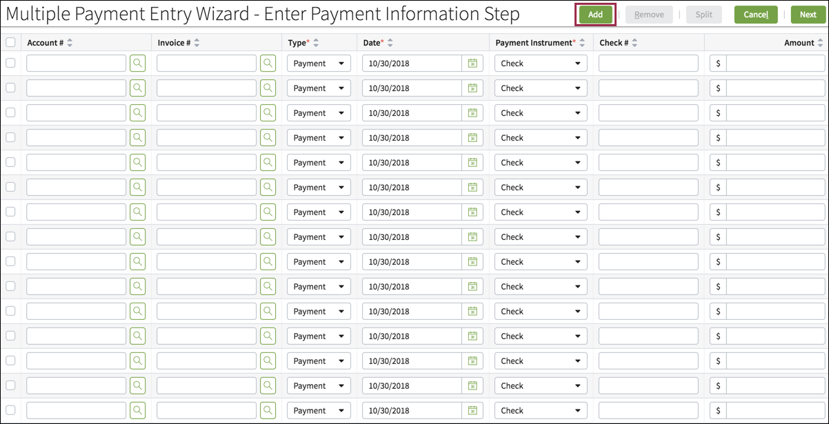 BillingCenter Multiple Payment Entry Wizard with multiple rows and an Add button.