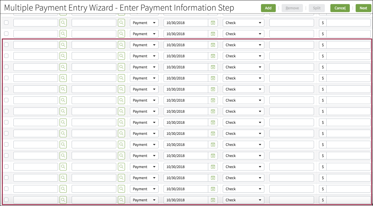 BillingCenter Multiple Payment Entry Wizard with additional new rows after clicking the Add button.