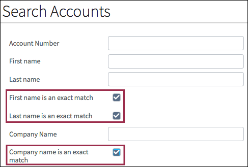 Search Accounts screen with the following check box labels in sentence case: First name is an exact match, Last name is an exact match, Company name is an exact match.