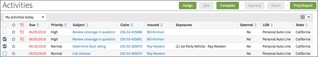 Activities screen with list of activities and Assign button.