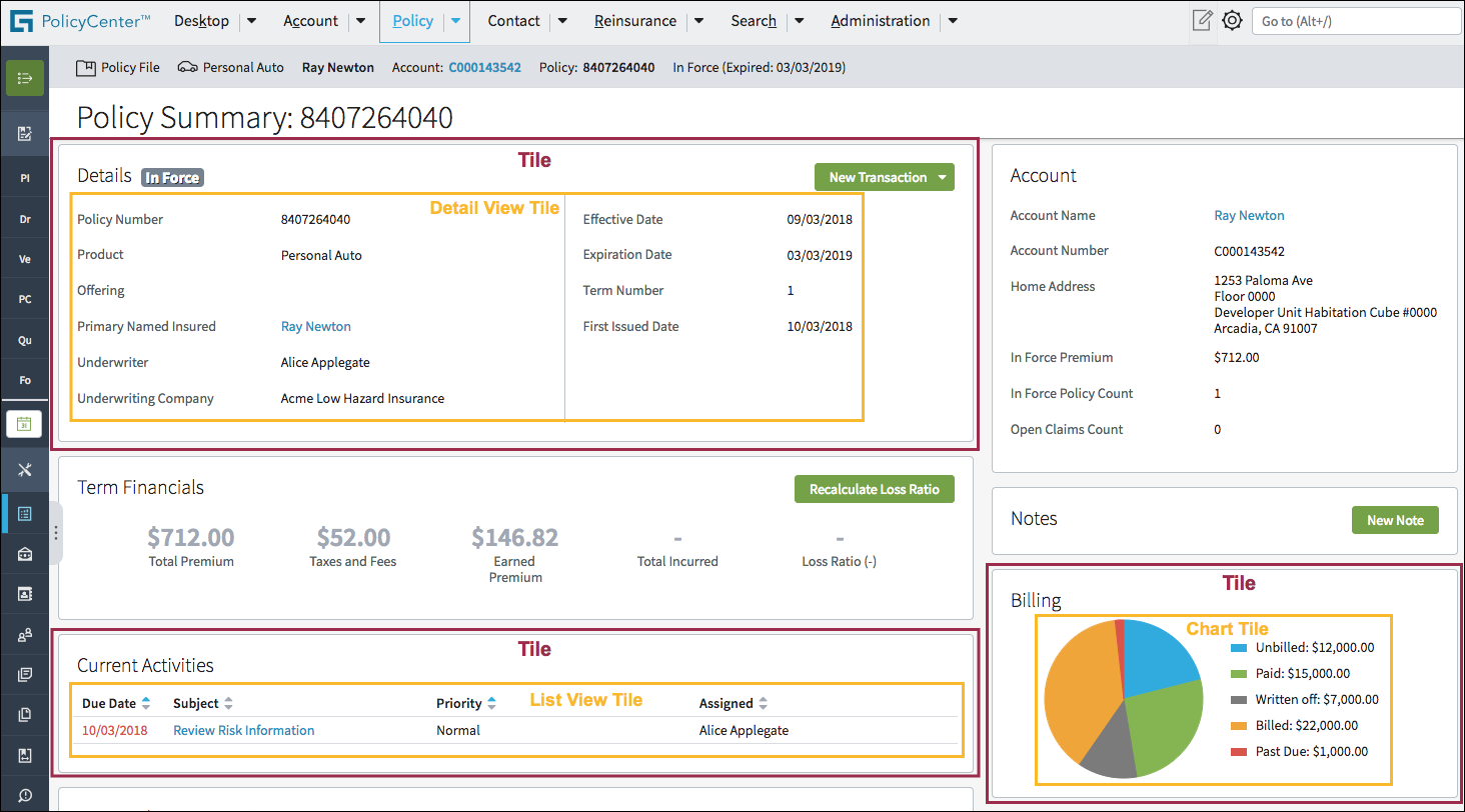 Policy Summary Screen with detail view, table, and chart highlighted.