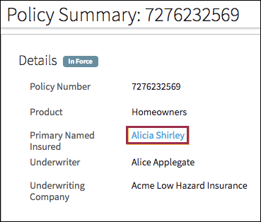 Policy Summary screen with Primary Named Insurace field value highlighted as a link.