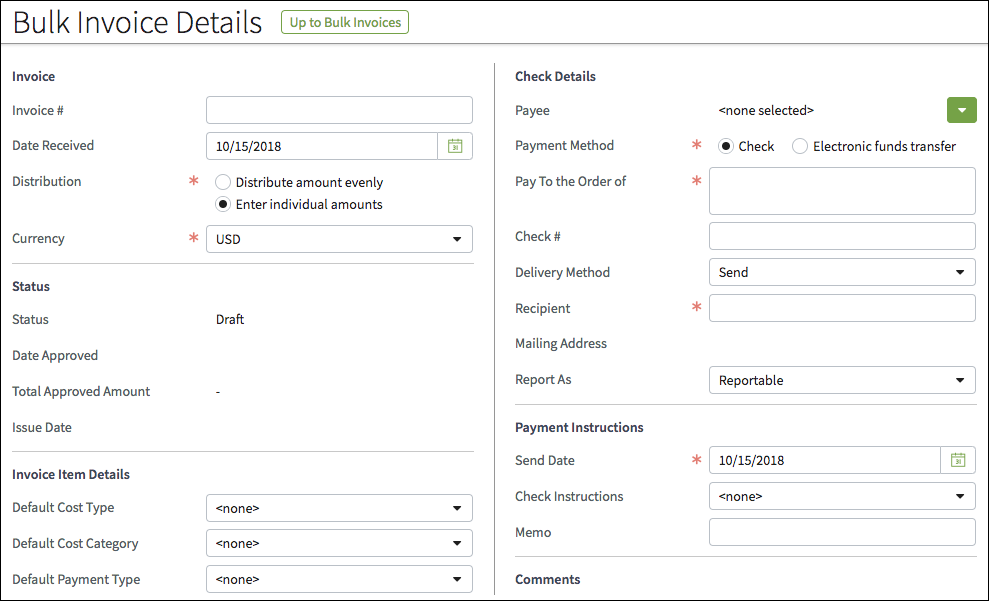 Bulk Invoice Details screen with two input columns.