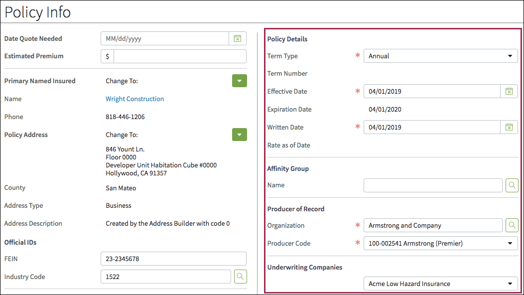 Policy Info screen in edit mode.