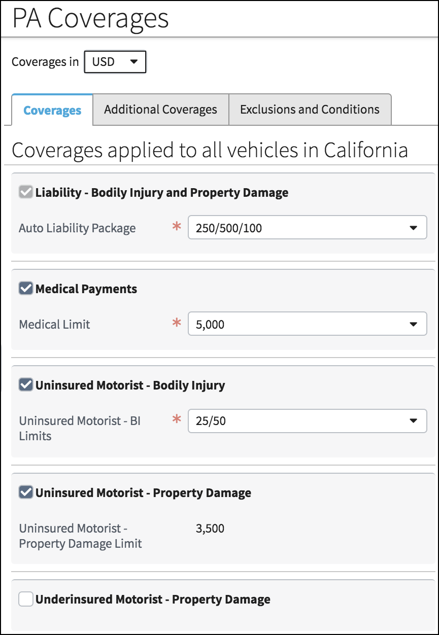 Dialog with Liability - Bodily Injury and Property Damage check box disabled.
