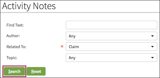 Activity Notes screen with Search button.