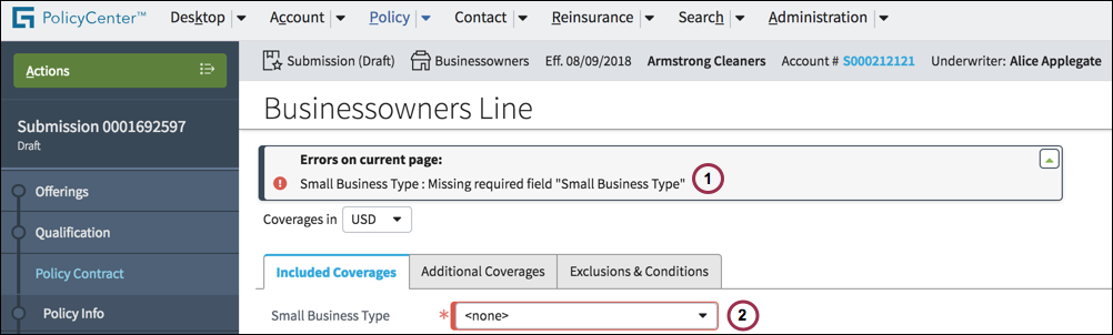 Detail view error message and drop-down box outlined in red.