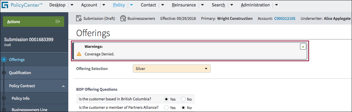 Message container with warning message.