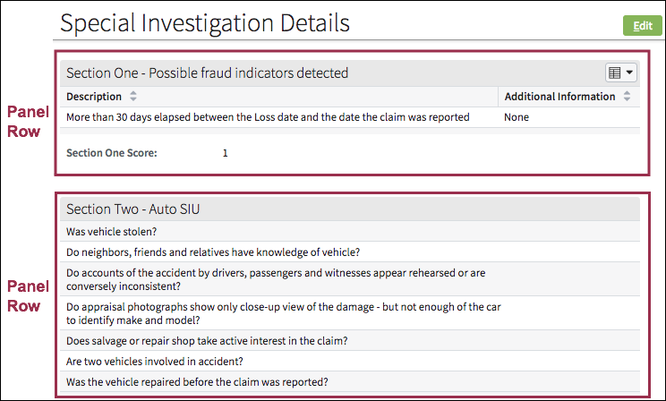 Example of panel rows containing list views and detail views.