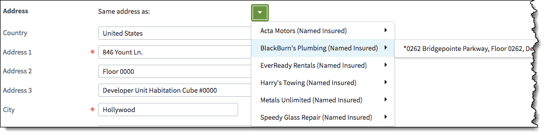 Picker expanded to show values for address fields.