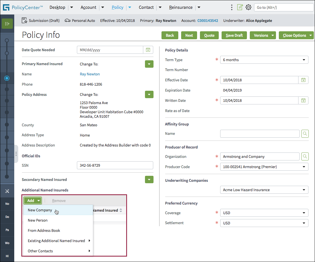 Policy Info screen, and clicking Add > New Company.