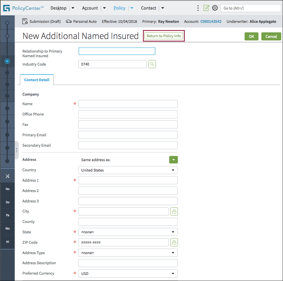 New Additional Named Insured screen.