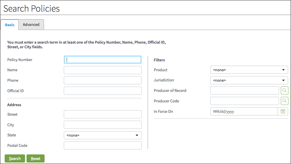 Search Policies page, Basic tab.