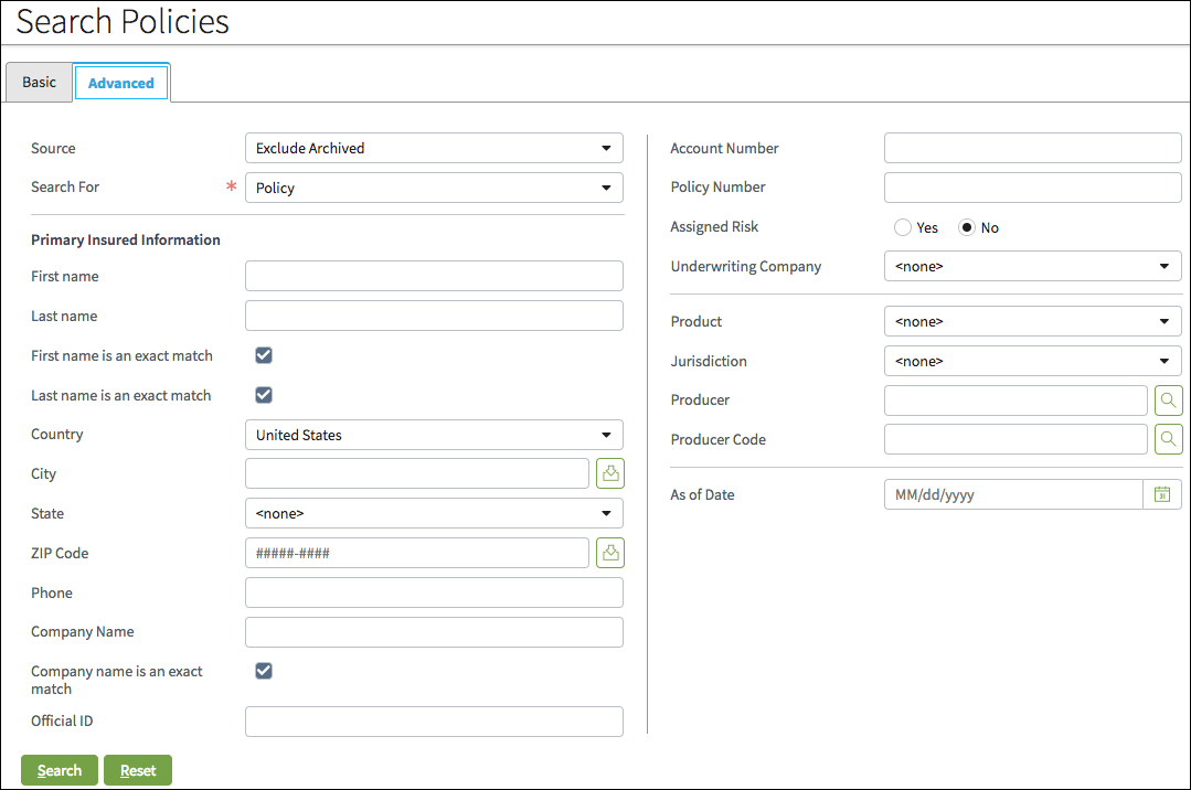 Search Policies page, Advanced tab.
