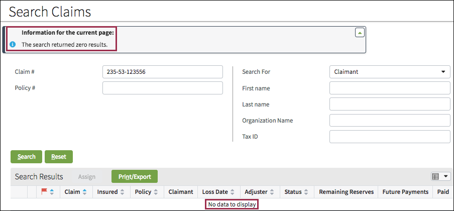 Search results page stating The search returned zero results. and No data to display. messages.