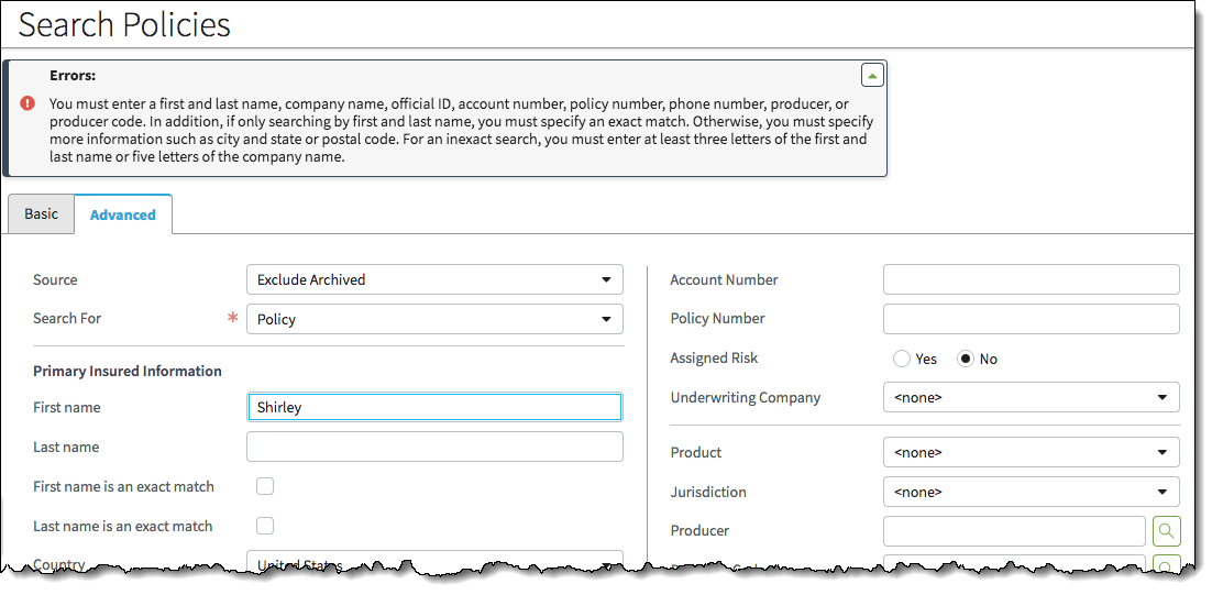 Search page showing error message explaining the required search criteria.