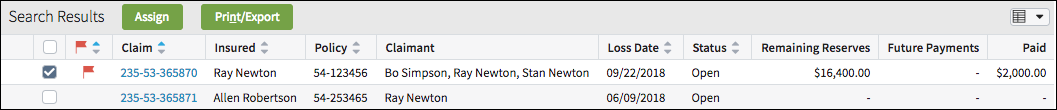 Search Results list view with a check box in each row.