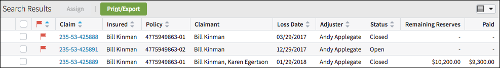 Search results in a table with a Print/Export button.
