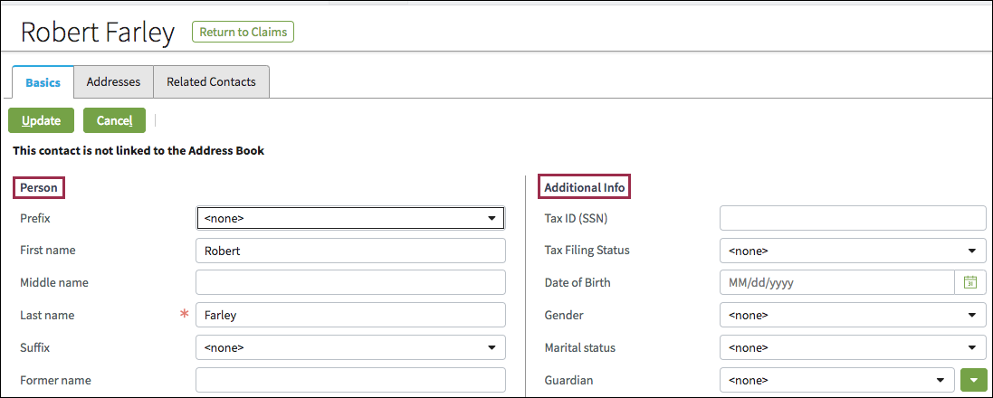 Contact dialog with Person and Additional Info section labels.