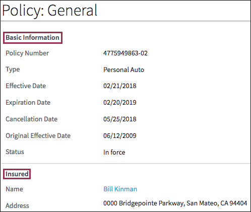 Policy:General dialog with Basic Information and Insured section labels.