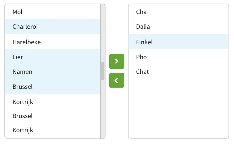 Shuttle list with some items in the left panel, some items in the right panel, and left and right arrow buttons between the panels.