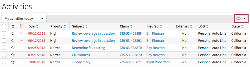Activities list view with a columns button.