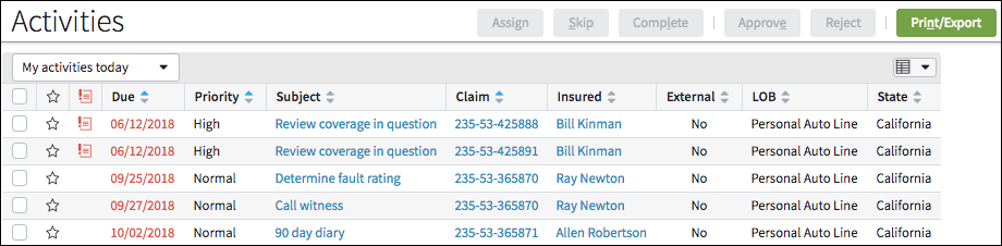Activities list view.