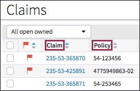 List view with column headings.