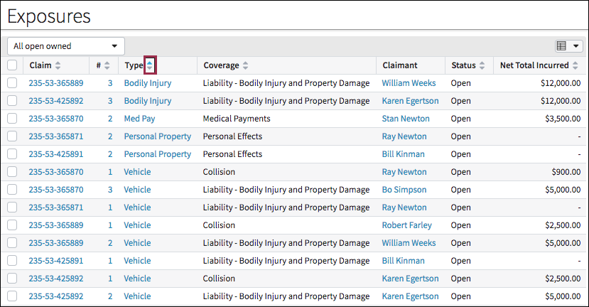 List view with Type column containing sort controls.