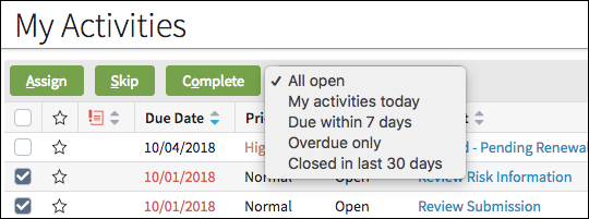 List view with filter drop-down in toolbar.