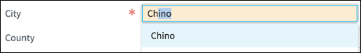 City text box with partially entered text showing autocomplete options.