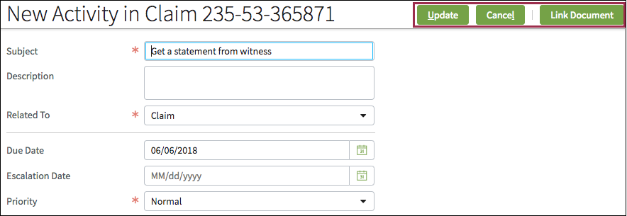 New Activity screen with Update, Cancel, and Link Document buttons.