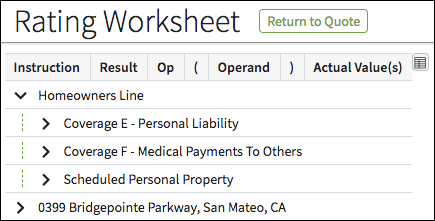Tree table in Rating Worksheet screen showing lines of business and coverages, and the items under them.
