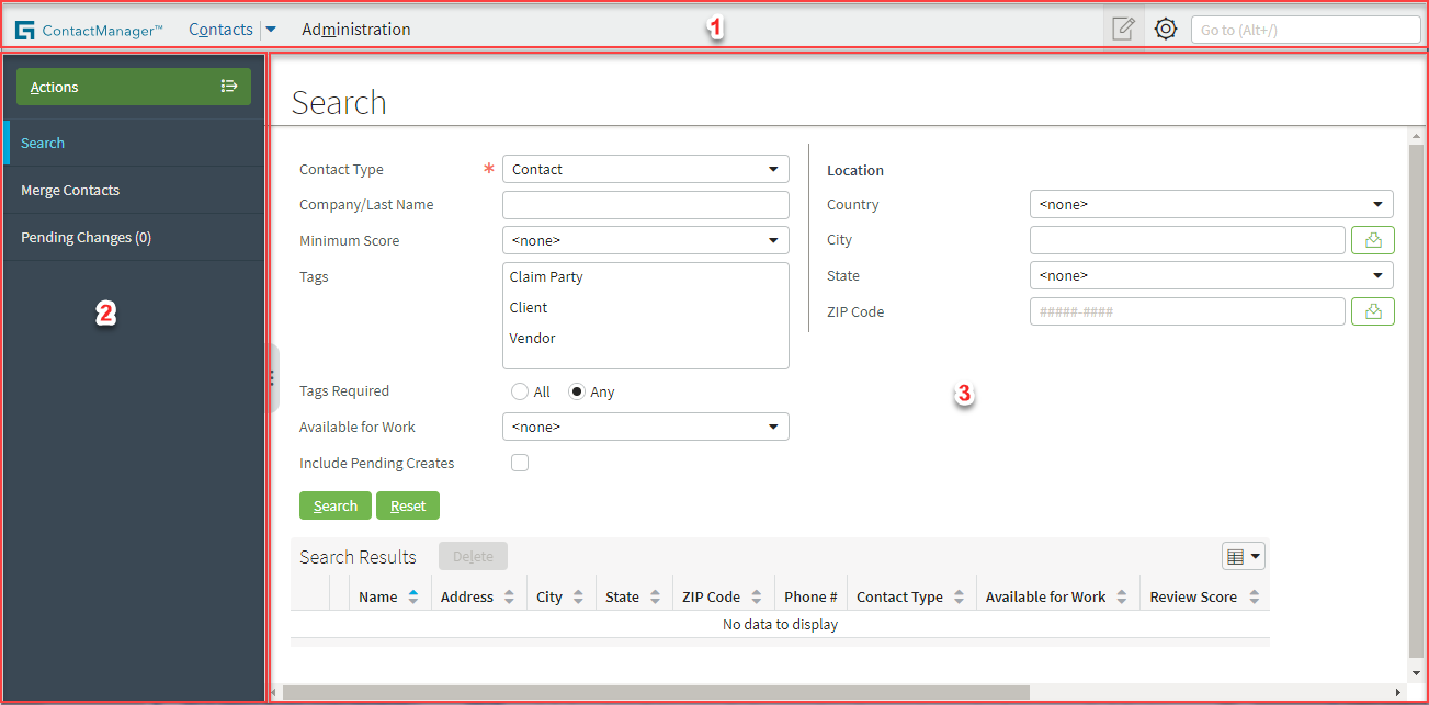 The ContactManager user interface, including the Tab Bar, Side Bar, and Screen Area.